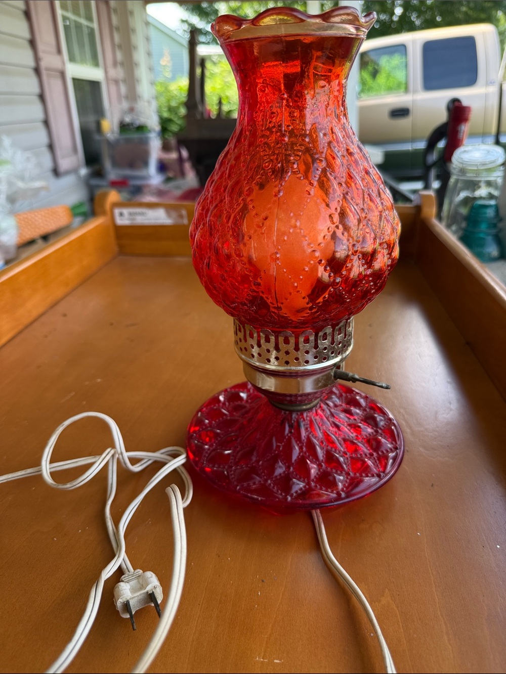 Vintage Fenton Red Ruby Quilted Diamond Hurricane Lamp 1960-1975 works 10.5”